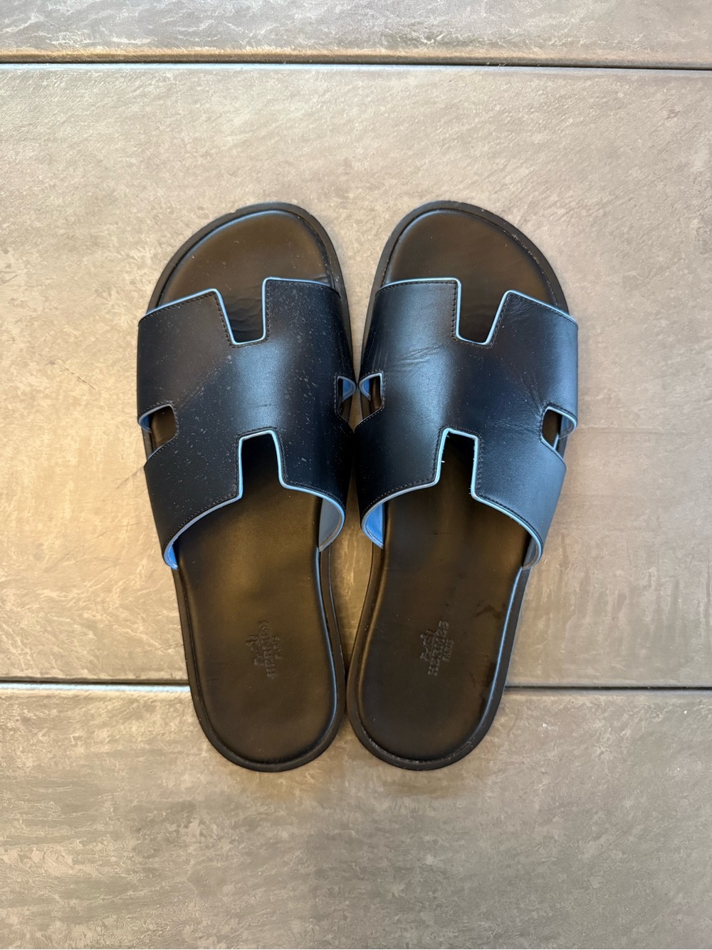 Hermes Men's Black Leather H-Strap Slide Sandals with Blue Edge